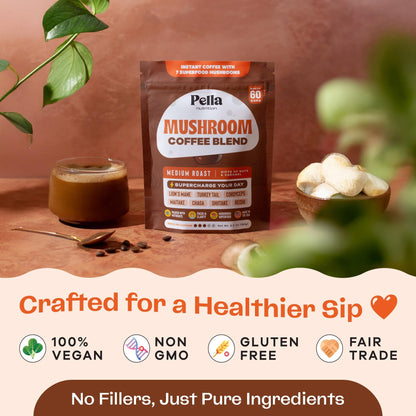 Pella Nutrition Mushroom Coffee – Lions Mane, Reishi, Chaga, Cordyceps, Shiitake, Maitake, and Turkey Tail Mushroom Supplement – Superfood Instant - Maple Wellness Supplements