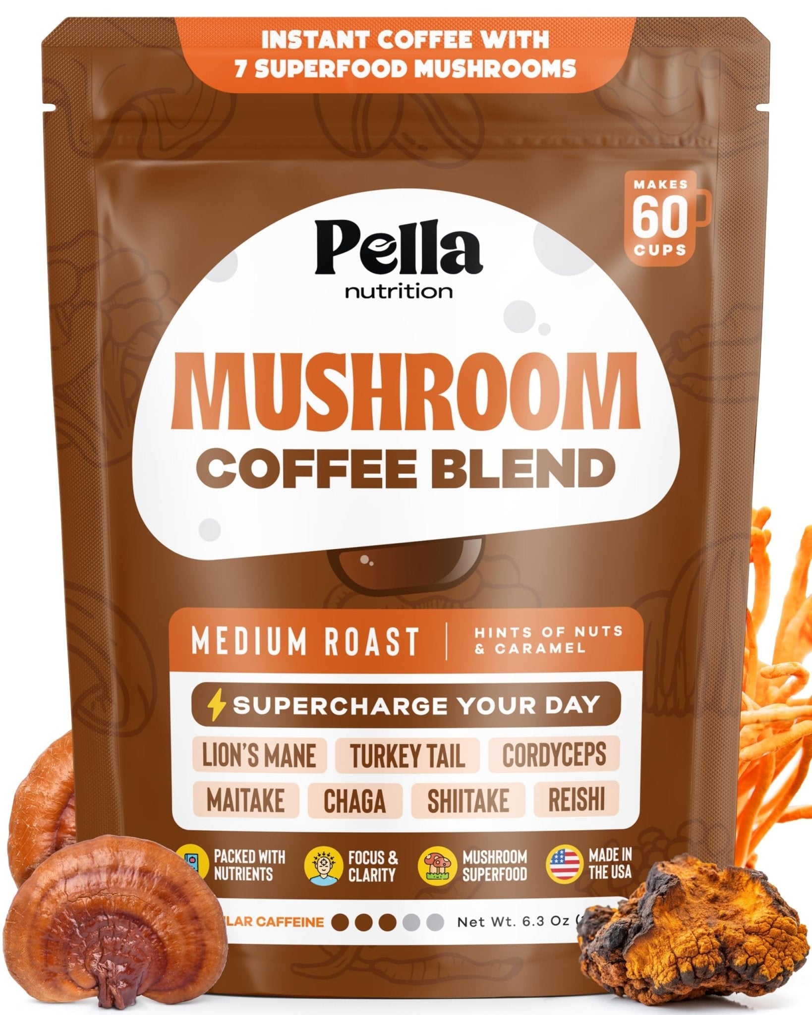 Pella Nutrition Mushroom Coffee – Lions Mane, Reishi, Chaga, Cordyceps, Shiitake, Maitake, and Turkey Tail Mushroom Supplement – Superfood Instant - Maple Wellness Supplements