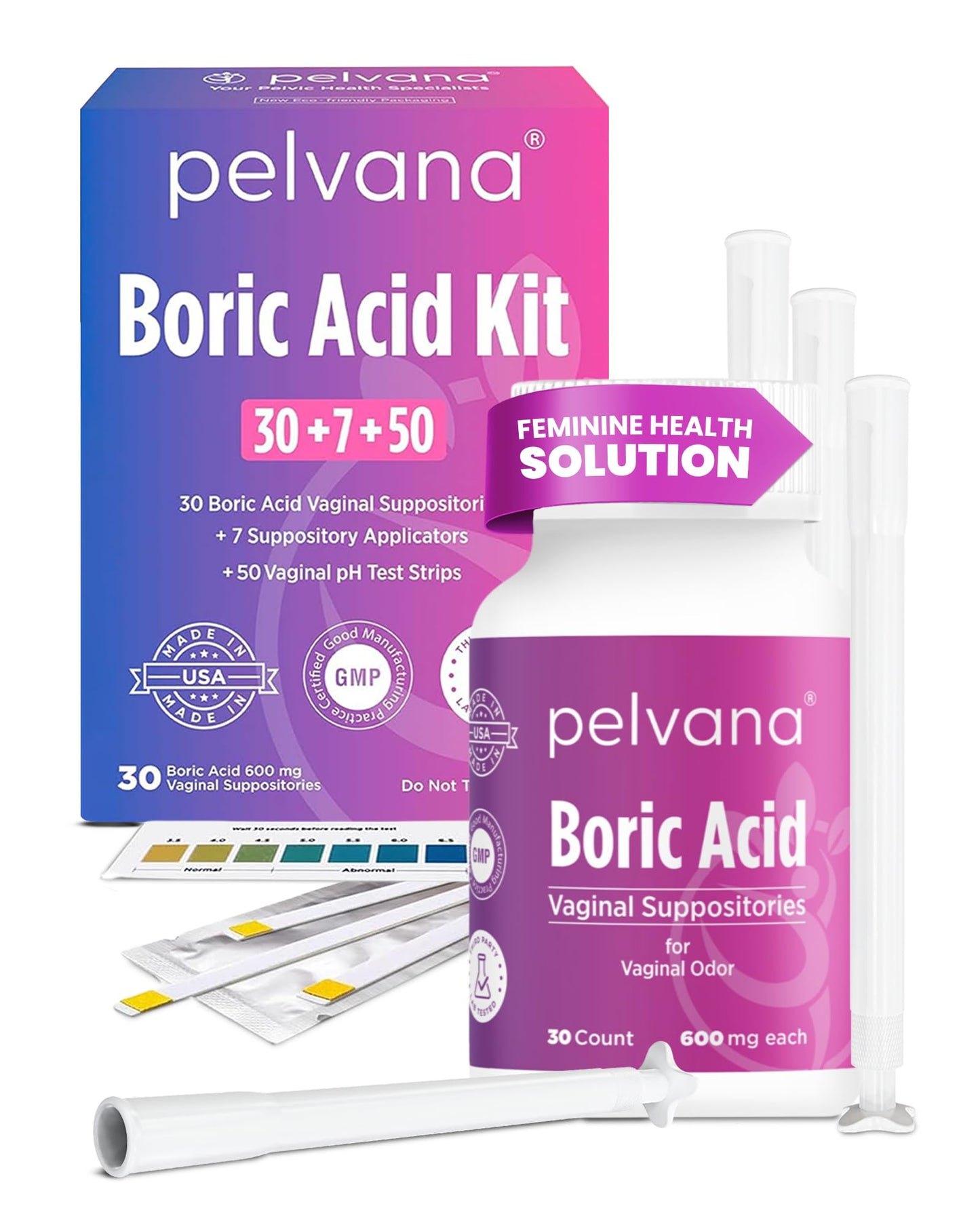 Pelvana Boric Acid Suppositories for Women 30 + 7 Applicators + 50 pH Test Strips, Total of 87 Piece Kit for Vaginal Odor - Third-Party Verified & Bottled in The USA - Feminine Health Odor Solution - Maple Wellness Supplements