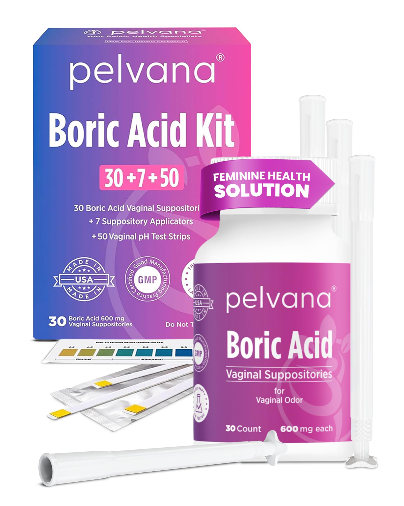 Pelvana Boric Acid Suppositories for Women 30 + 7 Applicators + 50 pH Test Strips, Total of 87 Piece Kit for Vaginal Odor - Third-Party Verified & Bottled in The USA - Feminine Health Odor Solution - Maple Wellness Supplements