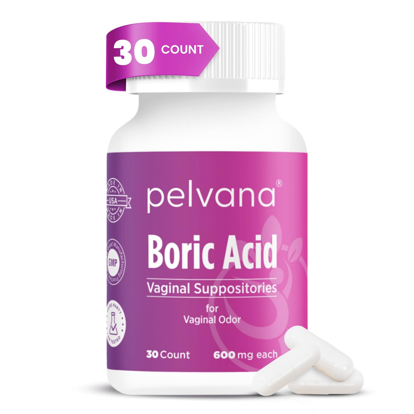 Pelvana Boric Acid Suppositories for Women - 30 Count - 600mg Boric Acid Capsules for Vaginal Odor Use - Maple Wellness Supplements