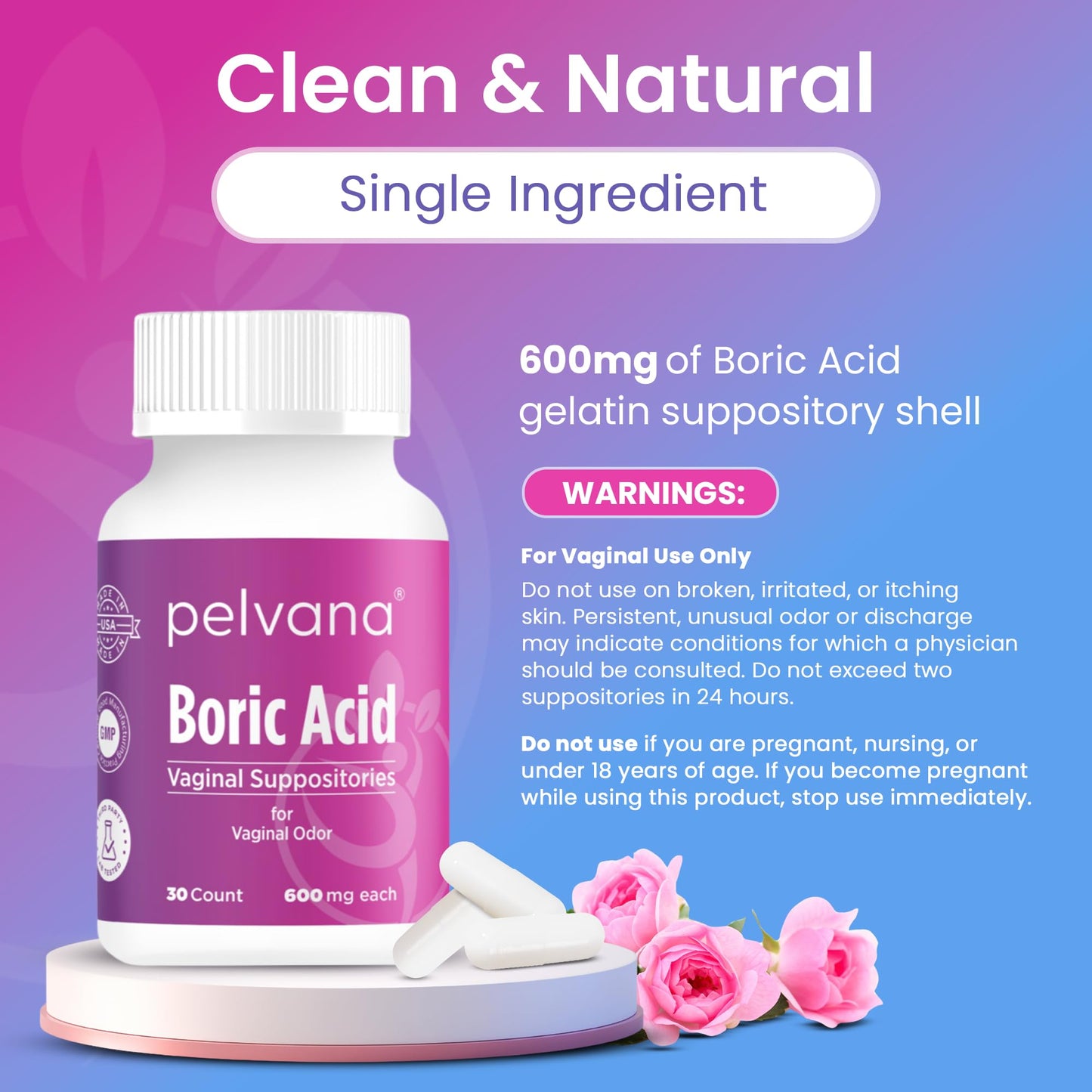 Pelvana Boric Acid Suppositories for Women - 30 Count - 600mg Boric Acid Capsules for Vaginal Odor Use - Maple Wellness Supplements