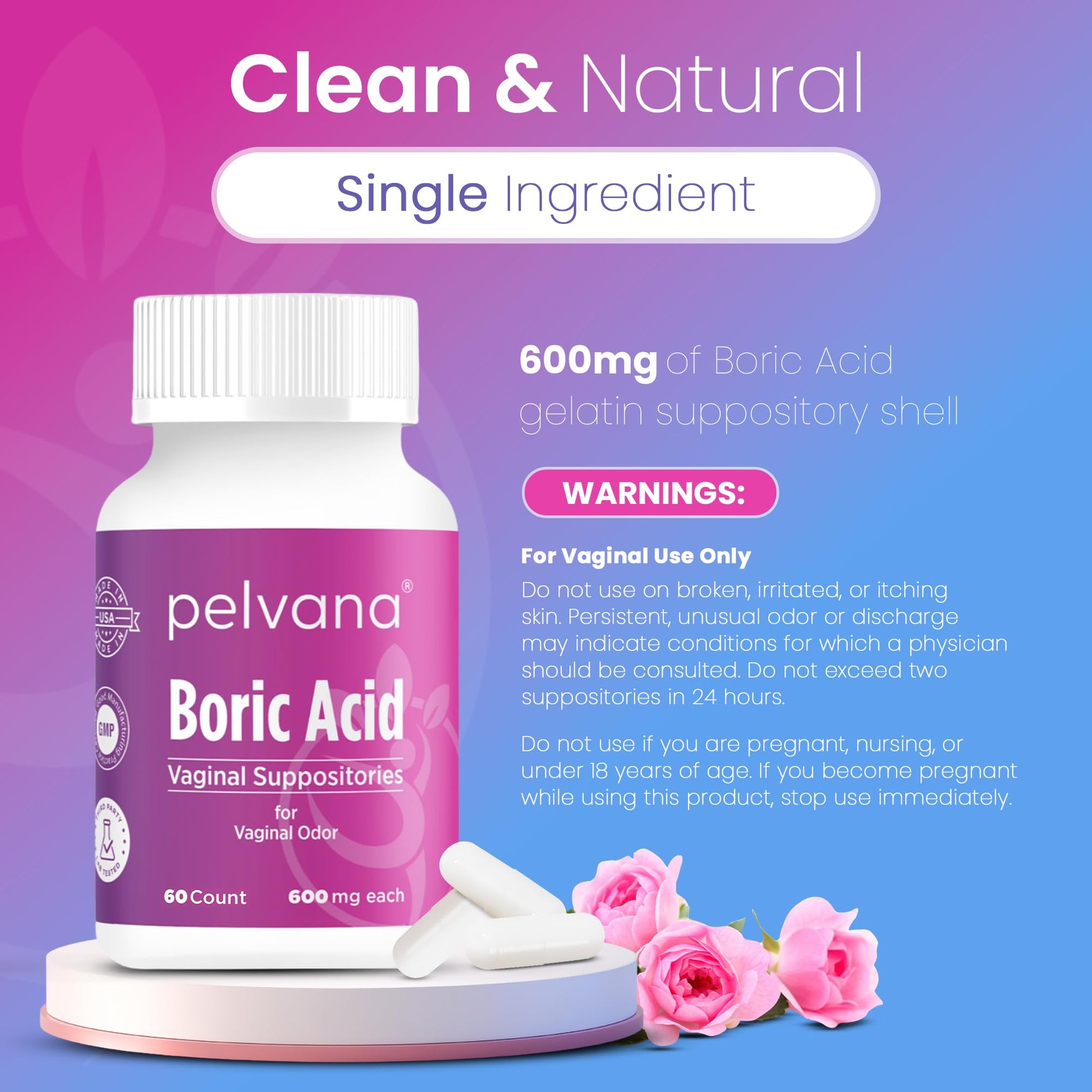 Pelvana Boric Acid Suppositories for Women - 60 Count - 600mg Boric Acid Capsules for Vaginal Odor Use - Maple Wellness Supplements
