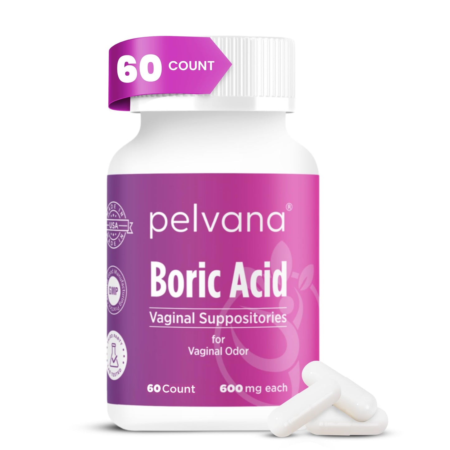 Pelvana Boric Acid Suppositories for Women - 60 Count - 600mg Boric Acid Capsules for Vaginal Odor Use - Maple Wellness Supplements