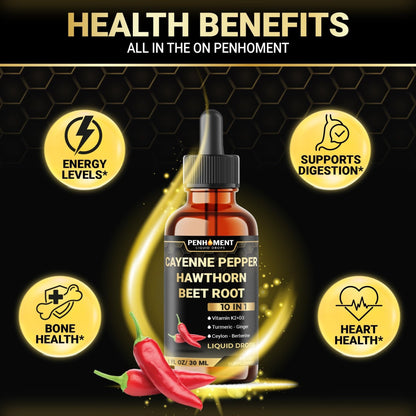 Penhoment 2 Packs - 2700 mg 10in1 Cayenne Pepper Liquid Drops with Hawthorn Berry, Vitamin D3 K2, Beet Root, Ginger Turmeric, Ginger, Ceylon Cinnamon, Berberine, and Ginseng - 2 Months - Maple Wellness Supplements