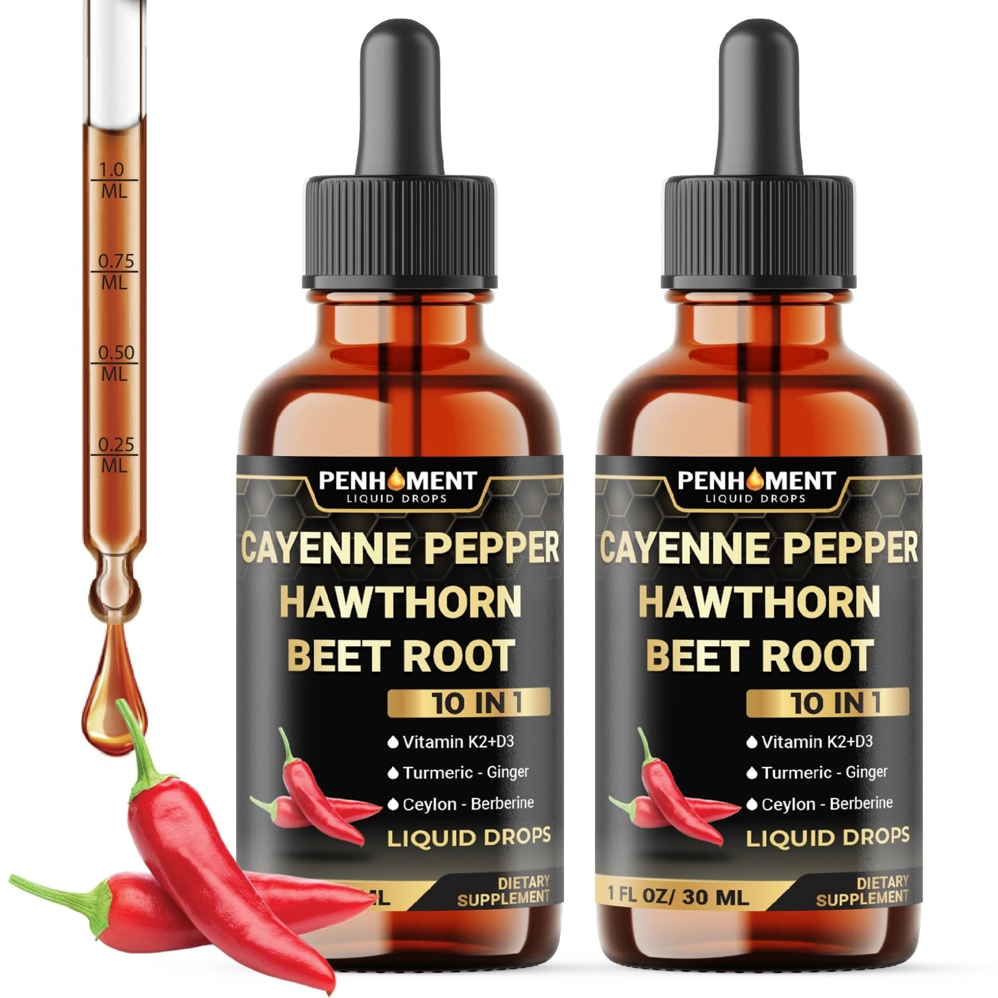 Penhoment 2 Packs - 2700 mg 10in1 Cayenne Pepper Liquid Drops with Hawthorn Berry, Vitamin D3 K2, Beet Root, Ginger Turmeric, Ginger, Ceylon Cinnamon, Berberine, and Ginseng - 2 Months - Maple Wellness Supplements