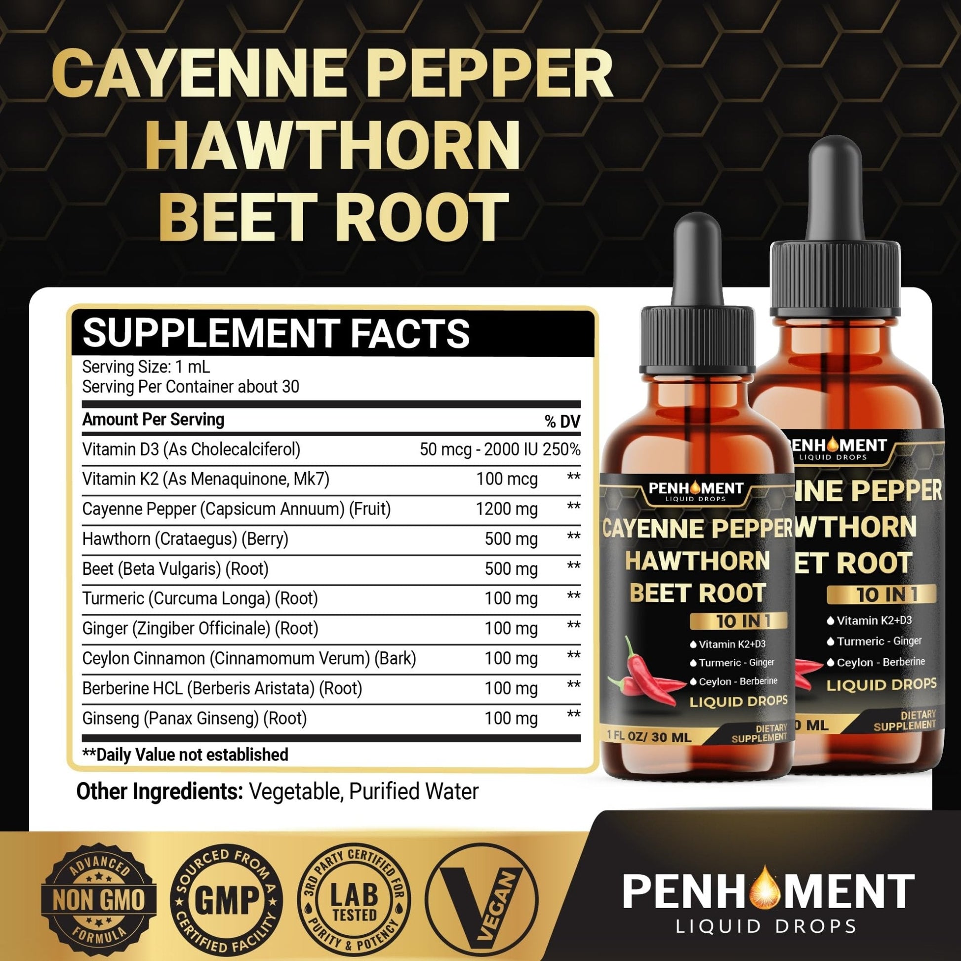 Penhoment 2 Packs - 2700 mg 10in1 Cayenne Pepper Liquid Drops with Hawthorn Berry, Vitamin D3 K2, Beet Root, Ginger Turmeric, Ginger, Ceylon Cinnamon, Berberine, and Ginseng - 2 Months - Maple Wellness Supplements