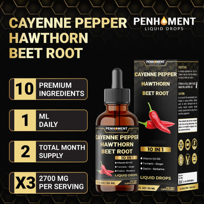 Penhoment 2 Packs - 2700 mg 10in1 Cayenne Pepper Liquid Drops with Hawthorn Berry, Vitamin D3 K2, Beet Root, Ginger Turmeric, Ginger, Ceylon Cinnamon, Berberine, and Ginseng - 2 Months - Maple Wellness Supplements