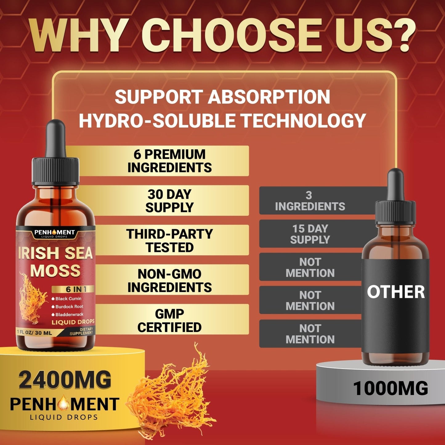 Penhoment 6in1 Sea Moss Drops with Black Seed Oil Irish Seamoss, Ashwagandha, Burdock Root & Bladderwrack - 1FL Oz - 30 Day Supply - Maple Wellness Supplements