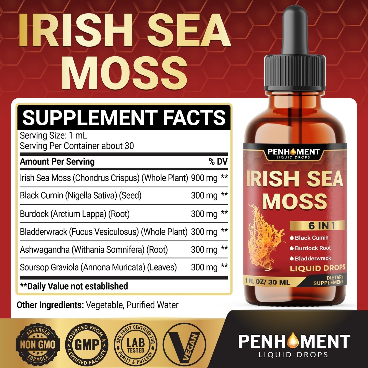 Penhoment 6in1 Sea Moss Drops with Black Seed Oil Irish Seamoss, Ashwagandha, Burdock Root & Bladderwrack - 1FL Oz - 30 Day Supply - Maple Wellness Supplements