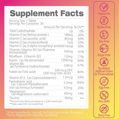 Pentavite She Charge Multivitamin for Women, Pineapple Tropical Chew, Daily Vitamin Supplements with Folate, Support Energy, Calm & Focus, Skin Defense and Cycle - Maple Wellness Supplements