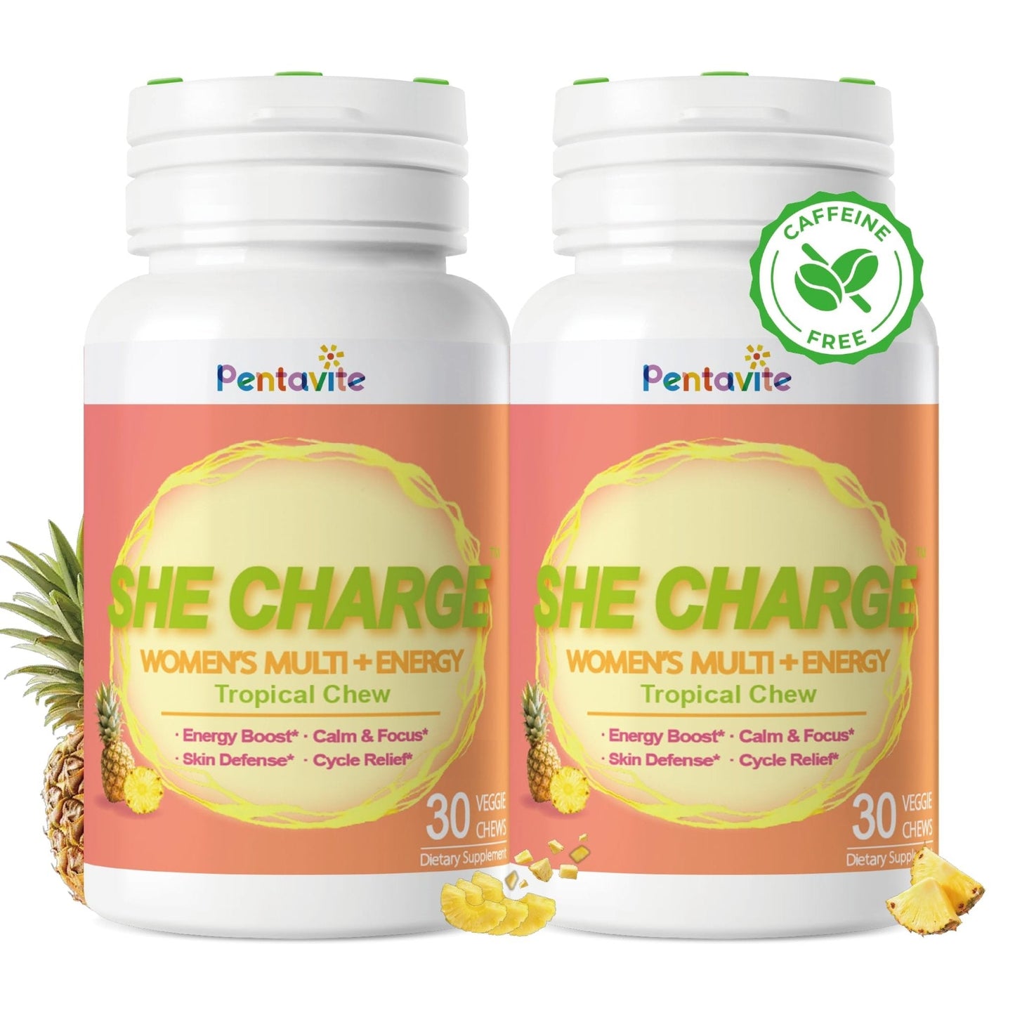 Pentavite She Charge Multivitamin for Women, Pineapple Tropical Chew, Daily Vitamin Supplements with Folate, Support Energy, Calm & Focus, Skin Defense and Cycle - Maple Wellness Supplements