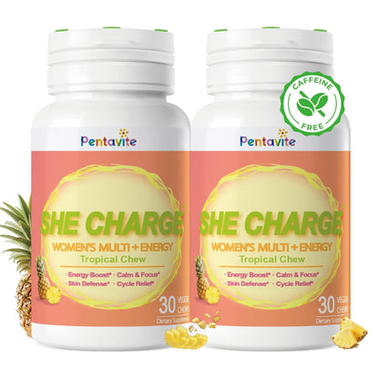 Pentavite She Charge Multivitamin for Women, Pineapple Tropical Chew, Daily Vitamin Supplements with Folate, Support Energy, Calm & Focus, Skin Defense and Cycle - Maple Wellness Supplements