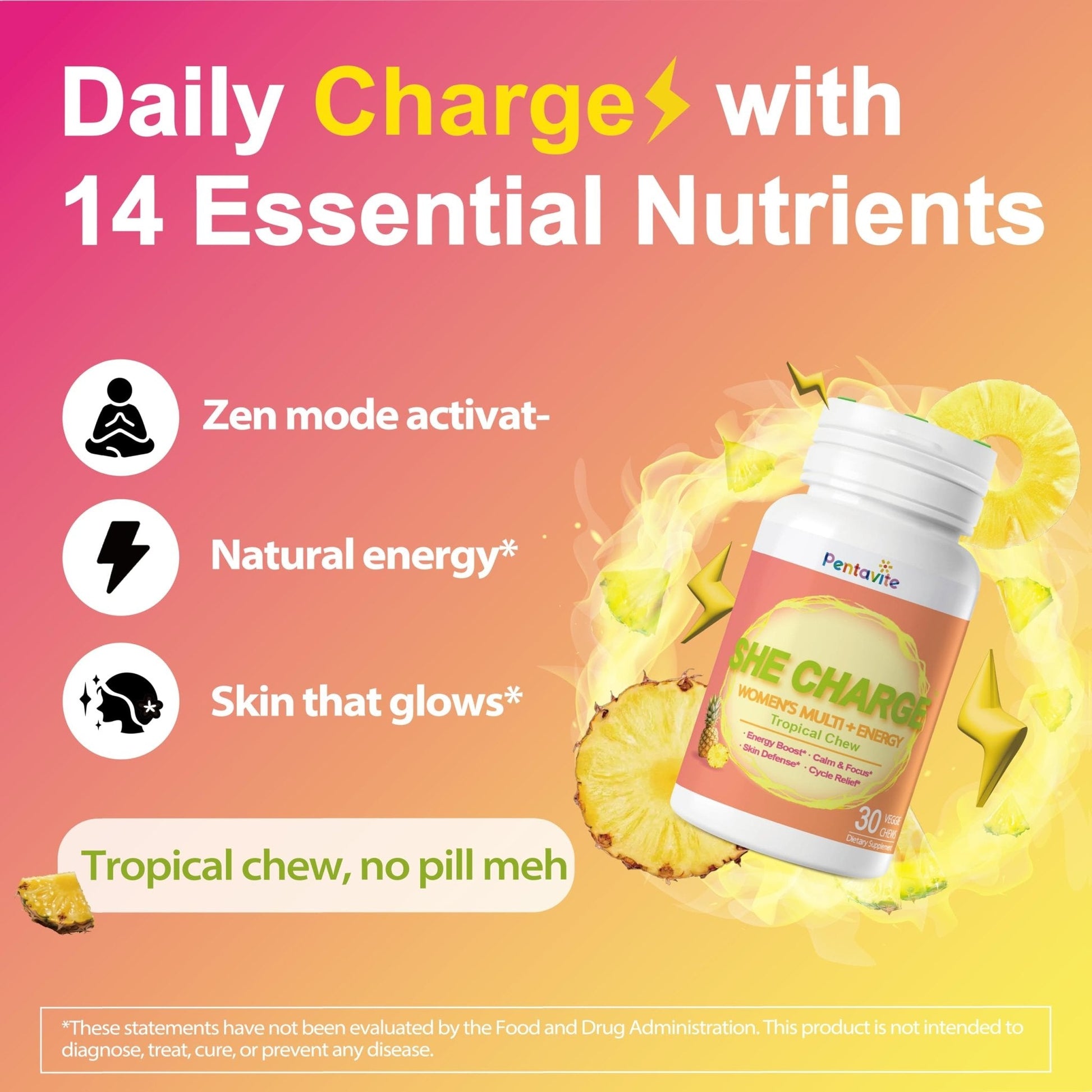 Pentavite She Charge Multivitamin for Women, Pineapple Tropical Chew, Daily Vitamin Supplements with Folate, Support Energy, Calm & Focus, Skin Defense and Cycle - Maple Wellness Supplements