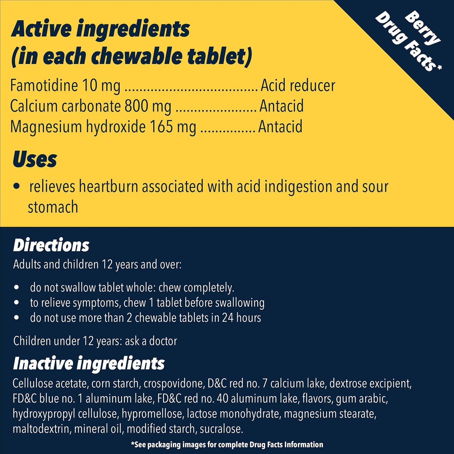 Pepcid Complete Acid Reducer + Antacid Chewable Tablets, 10mg Famotidine, 800mg Calcium Carbonate & 165mg Magnesium Hydroxide per Heartburn Medicine Tablet, Antacid Chews, Berry Flavored, 70 ct - Maple Wellness Supplements
