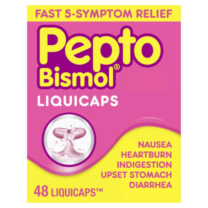 Pepto Bismol Liquicaps, Upset Stomach Relief, Nausea Relief, Heartburn Relief, Indigestion Relief, Anti Diarrhea Medication for Adults - 5 Symptom Fast Relief, No Flavor, 48 ct - Maple Wellness Supplements