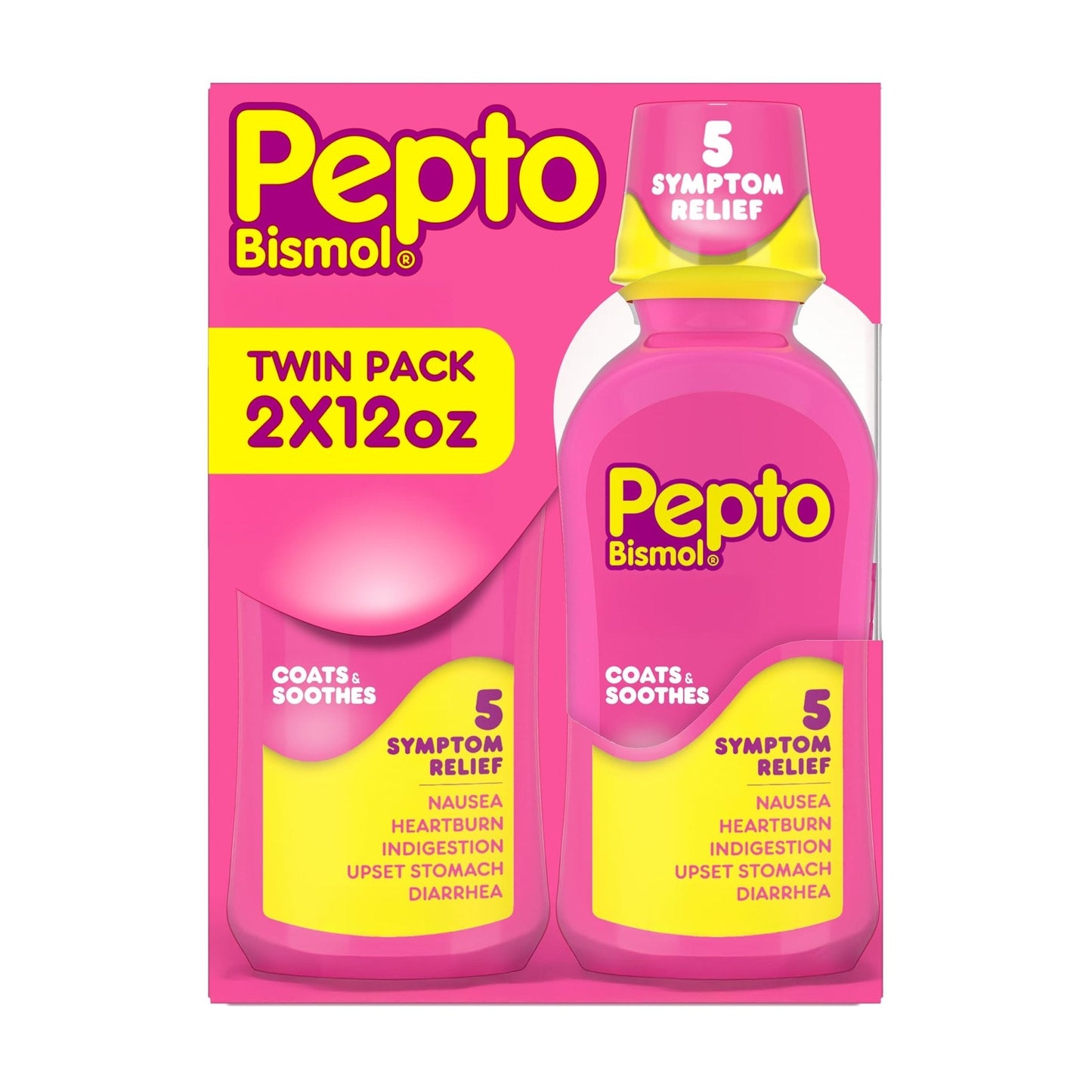 Pepto Bismol Liquid, Upset Stomach Relief, Nausea Relief, Heartburn Relief, Indigestion Relief, Anti Diarrhea Medication for Adults - 5 Symptom Fast Relief, 2x12 oz - Maple Wellness Supplements