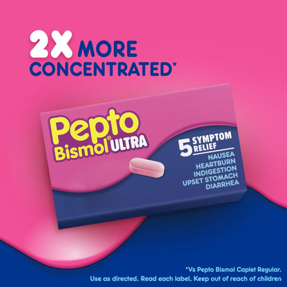 Pepto Bismol ULTRA Caplets, Upset Stomach Relief, Nausea Relief, Heartburn Relief, Indigestion Relief, Anti Diarrhea Medication for Adults - 5 Symptom Relief, 24 ct - Maple Wellness Supplements