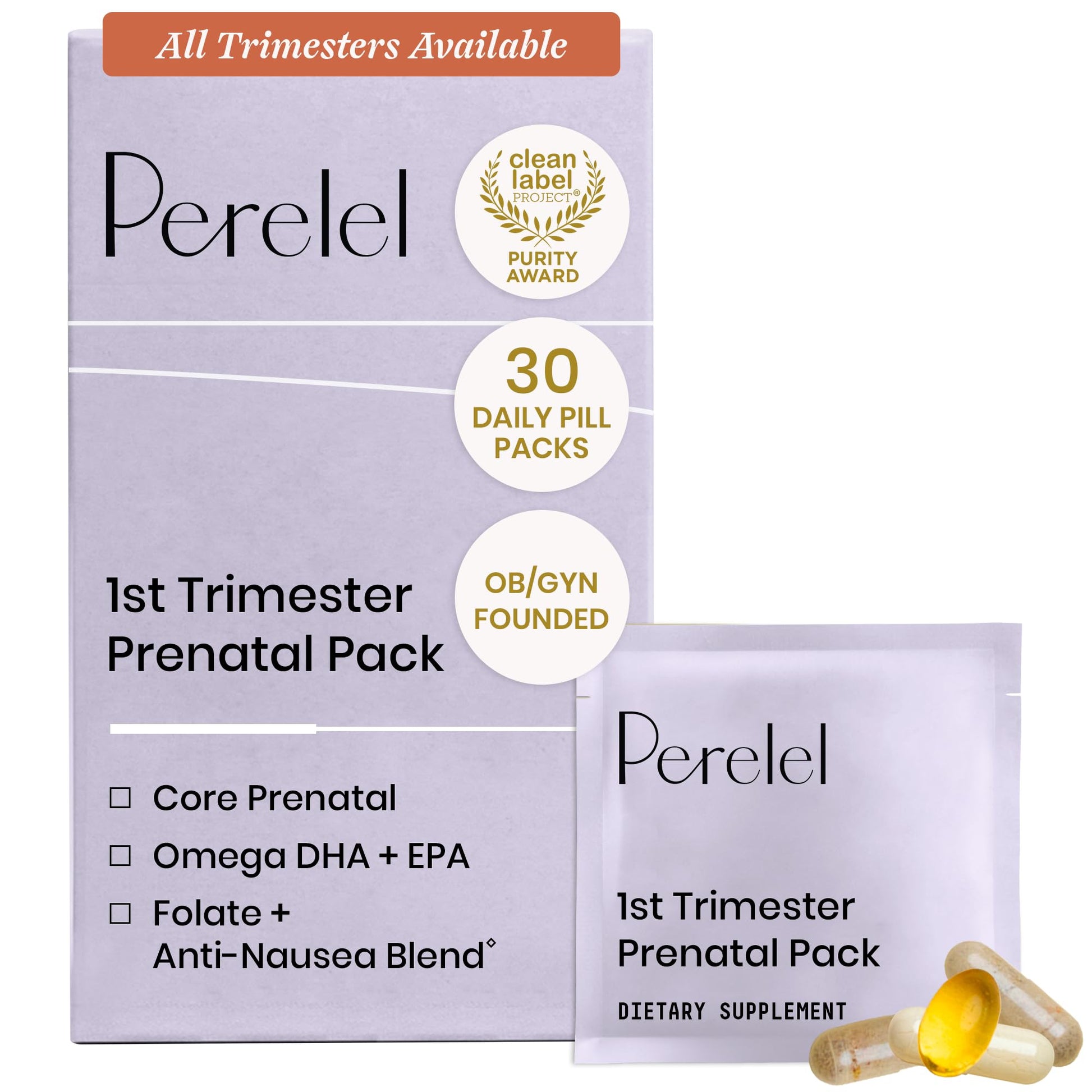 Perelel 1st Trimester Prenatal Pack, Multivitamin with Folate, Vitamin D, Omega 3, Iron & Ginger, Nutritional Support for Early Pregnancy - Maple Wellness Supplements