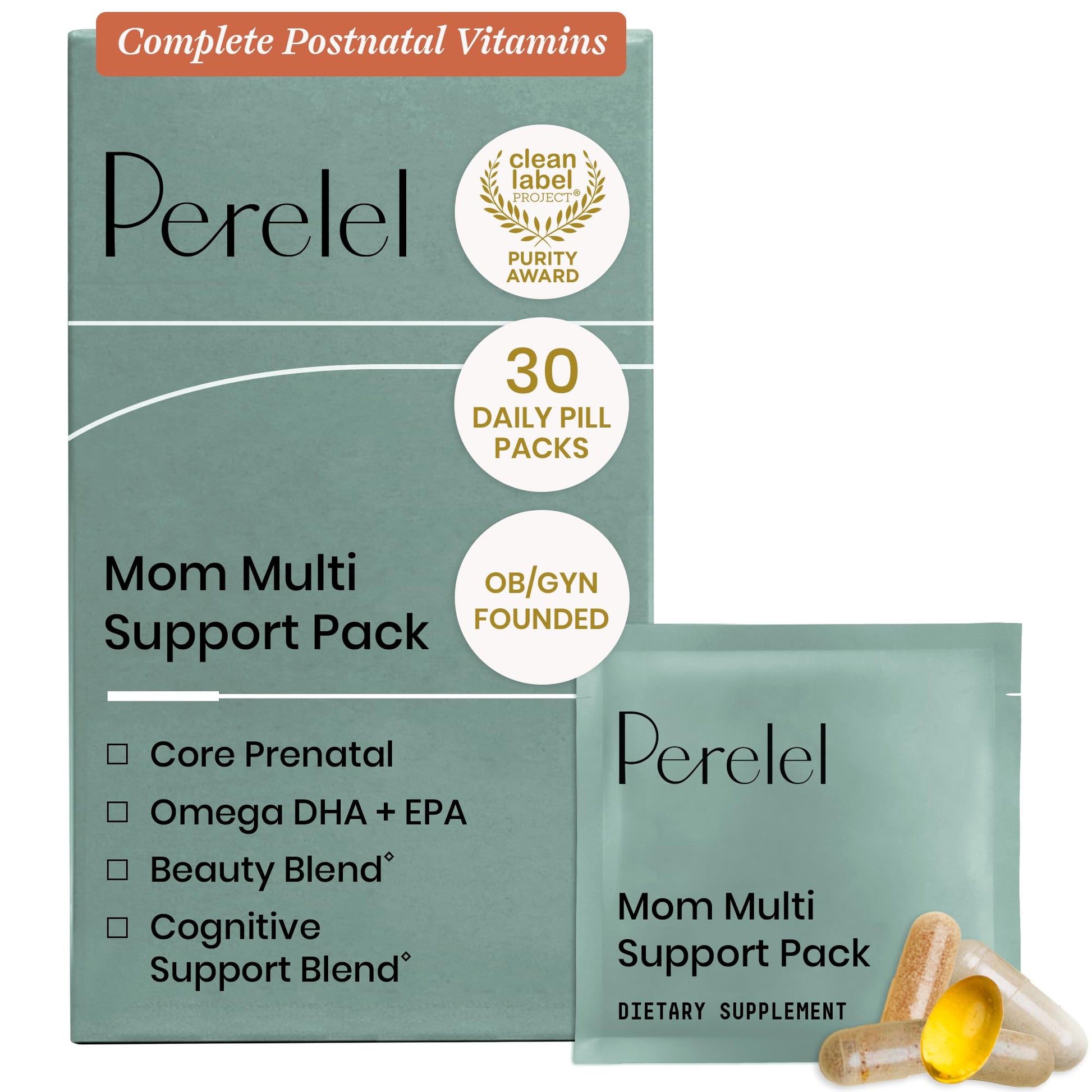 Perelel Mom Multi Support Pack, Postnatal Vitamins for Women with Omega 3 Dha, Iron, Collagen, & Vitamin B12 to Support Postpartum Health - Maple Wellness Supplements