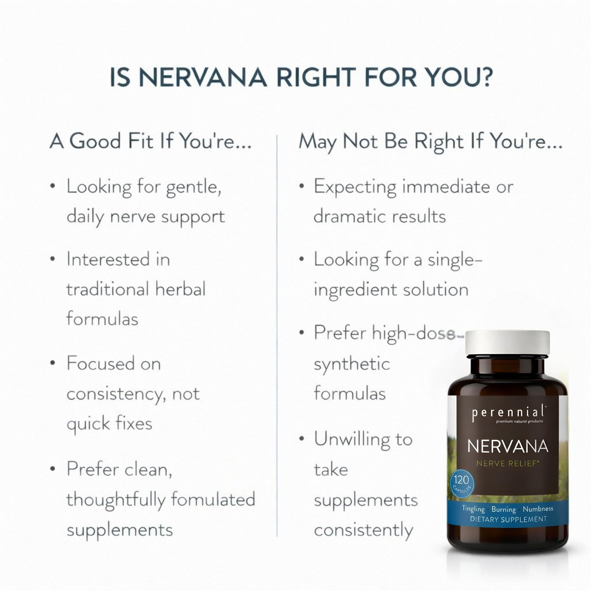 Perennial Nervana – Herbal Nerve Support for Tingling, Burning & Numbness Relief – Promotes Calm Focus & Stress Resilience – Non-Drowsy Mood Balance – 120ct* - Maple Wellness Supplements