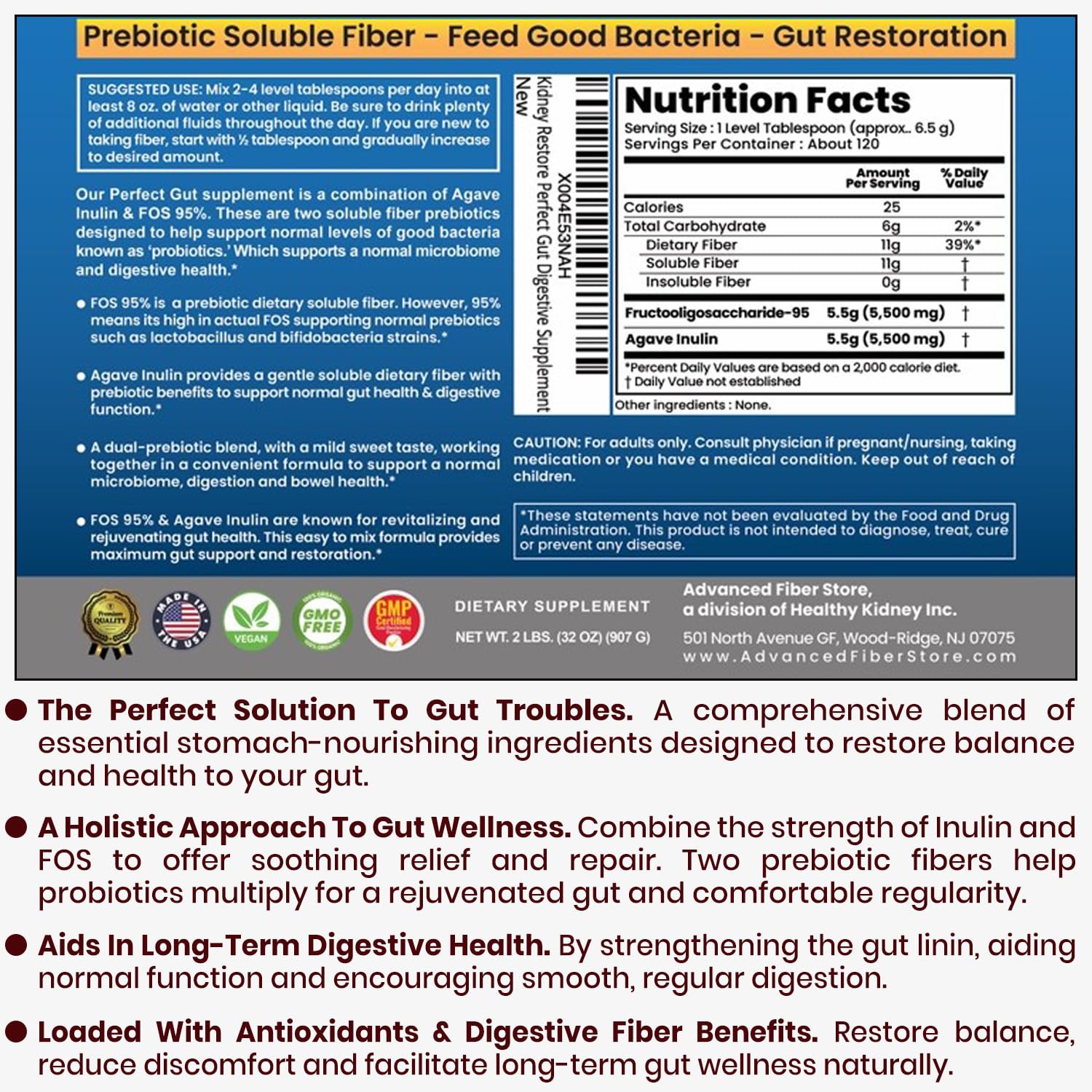 Perfect Gut: Inulin FOS Powder for Gut Health. Prebiotic Inulin. Unique Prebiotic 95% FOS Inulin Agave Fiber - Maple Wellness Supplements