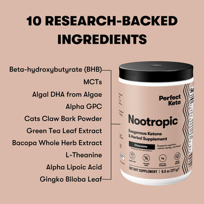 Perfect Keto Nootropic Brain Support, Caffeine Free Focus and Energy Supplement with Alpha Lipoic Acid, L Theanine, Ginkgo Biloba, Alpha GPC, MCT's, Collagen, Ketones, Chocolate Drink Mix, 15 Servings - Maple Wellness Supplements