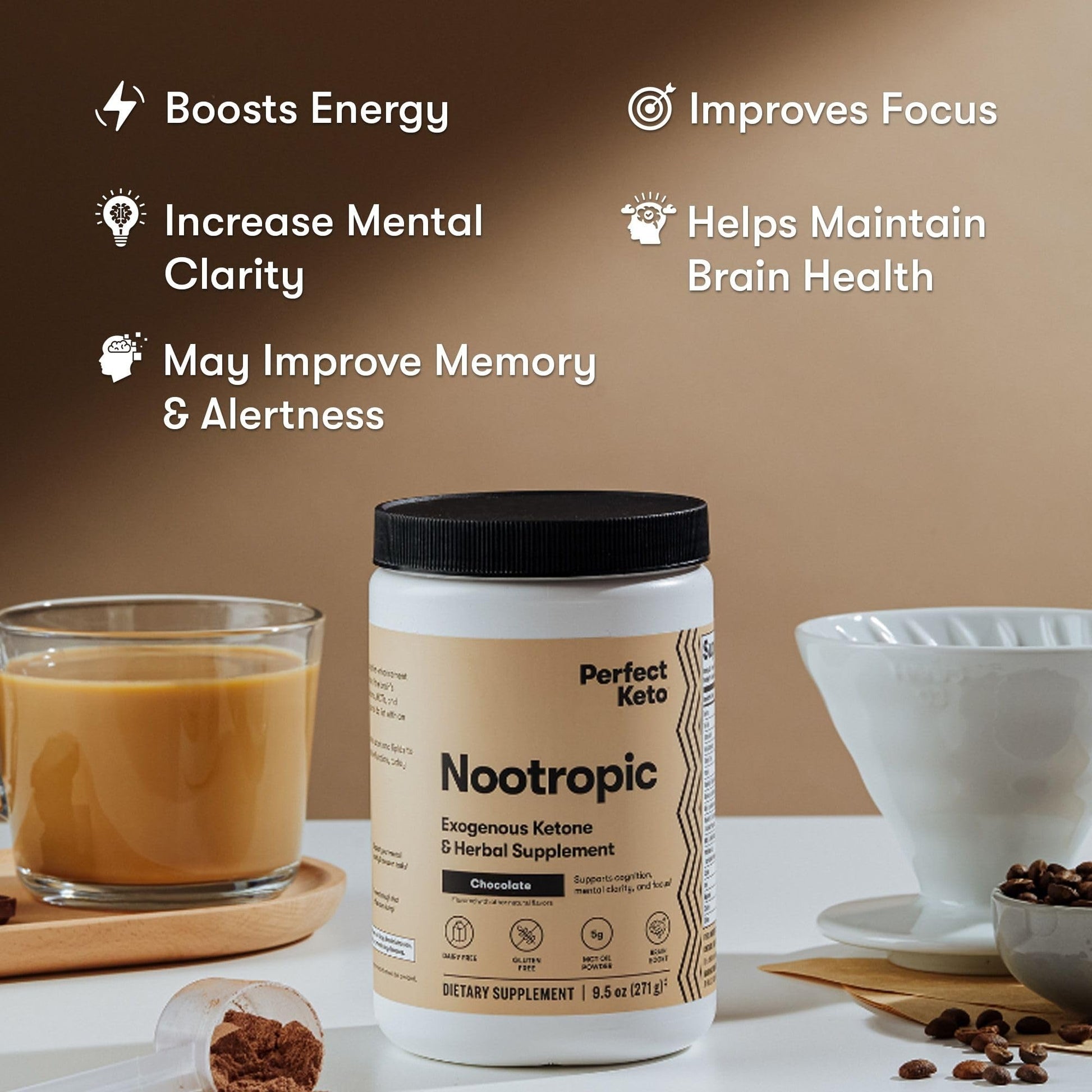 Perfect Keto Nootropic Brain Support, Caffeine Free Focus and Energy Supplement with Alpha Lipoic Acid, L Theanine, Ginkgo Biloba, Alpha GPC, MCT's, Collagen, Ketones, Chocolate Drink Mix, 15 Servings - Maple Wellness Supplements