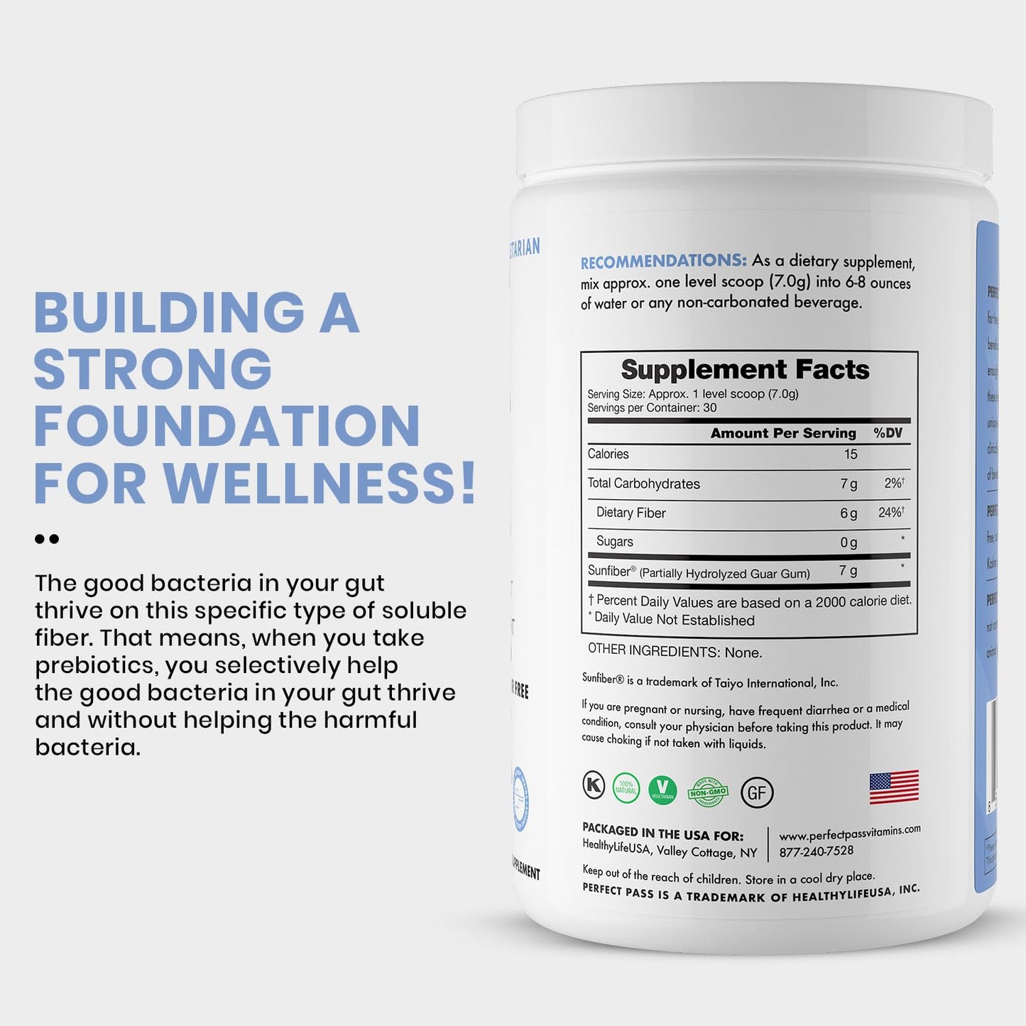 PERFECT PASS Prebiotic PHGG Partially Hydrolyzed Guar Gum 210g Powder - 100% Natural Gluten Free Non GMO - Certified Kosher Vegetarian Sugar Free - Maple Wellness Supplements