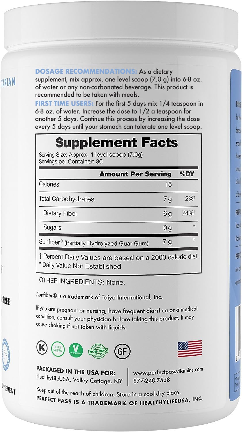 PERFECT PASS Prebiotic PHGG Partially Hydrolyzed Guar Gum 210g Powder - 100% Natural Gluten Free Non GMO - Certified Kosher Vegetarian Sugar Free - Maple Wellness Supplements
