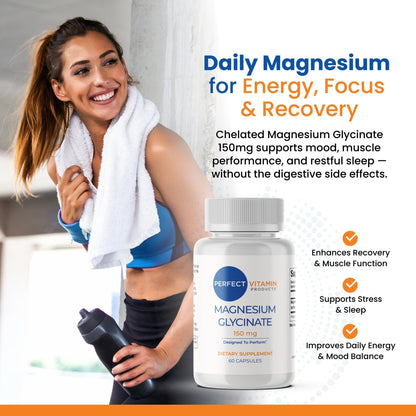 Perfect Vitamin Products Magnesium Glycinate 150mg – Vegan Capsules for Sleep, Stress & Muscle Support – Non-GMO, High Absorption, Gentle on Stomach – (60 Vegan Capsules) - Maple Wellness Supplements