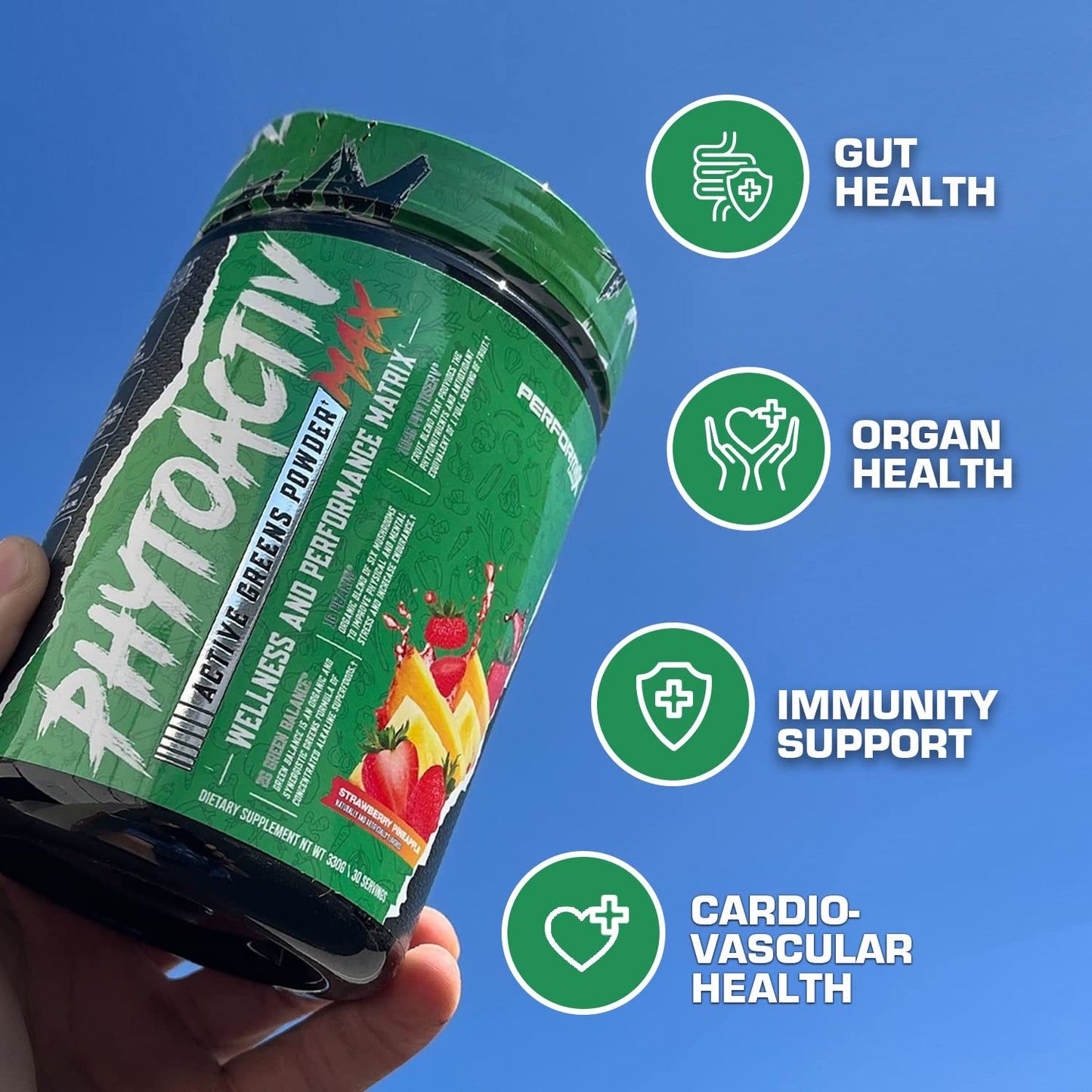 Performax Labs PhytoactivMax Active Greens Powder Wellness and Performance Matrix | Phytonutrients – Overall Health | 30 Servings (Strawberry Pineapple) - Maple Wellness Supplements