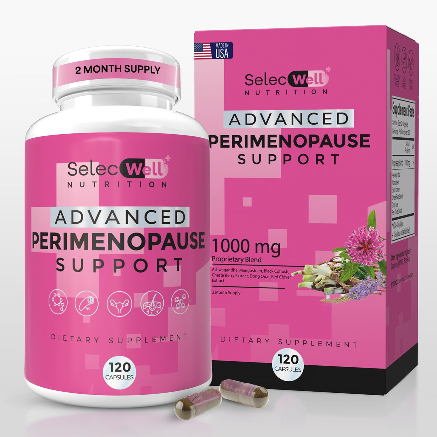 Perimenopause & Menopause Support Supplement for Women – Multi‑Symptom Relief with Black Cohosh & Red Clover Isoflavones | Ashwagandha Adaptogen & Herbal Blend | Hormone Balance Support | 120 Capsules - Maple Wellness Supplements
