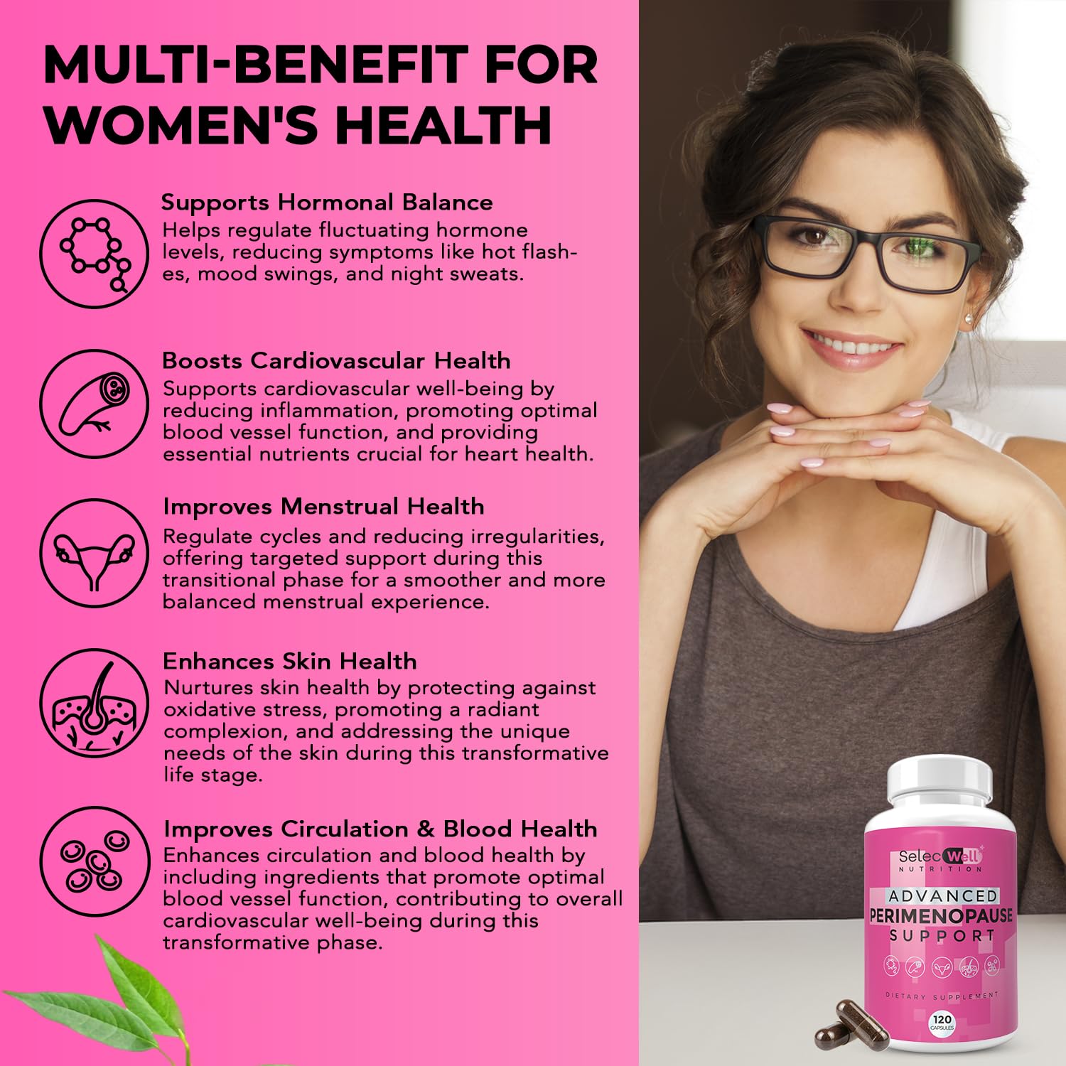 Perimenopause & Menopause Support Supplement for Women – Multi‑Symptom Relief with Black Cohosh & Red Clover Isoflavones | Ashwagandha Adaptogen & Herbal Blend | Hormone Balance Support | 120 Capsules - Maple Wellness Supplements