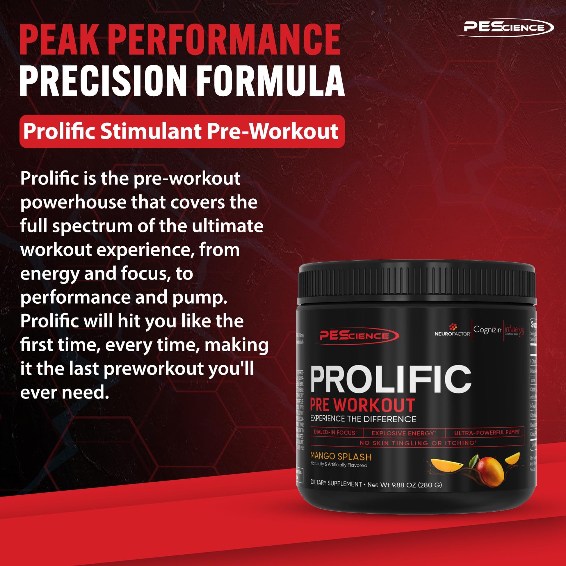 PEScience Prolific Pre Workout Powder for Men & Women with L-Citrulline Nitric Oxide Booster, Energy Powder & Nootropic for Focus – Preworkout Without Beta Alanine – 40 Scoops, Mango Splash - Maple Wellness Supplements