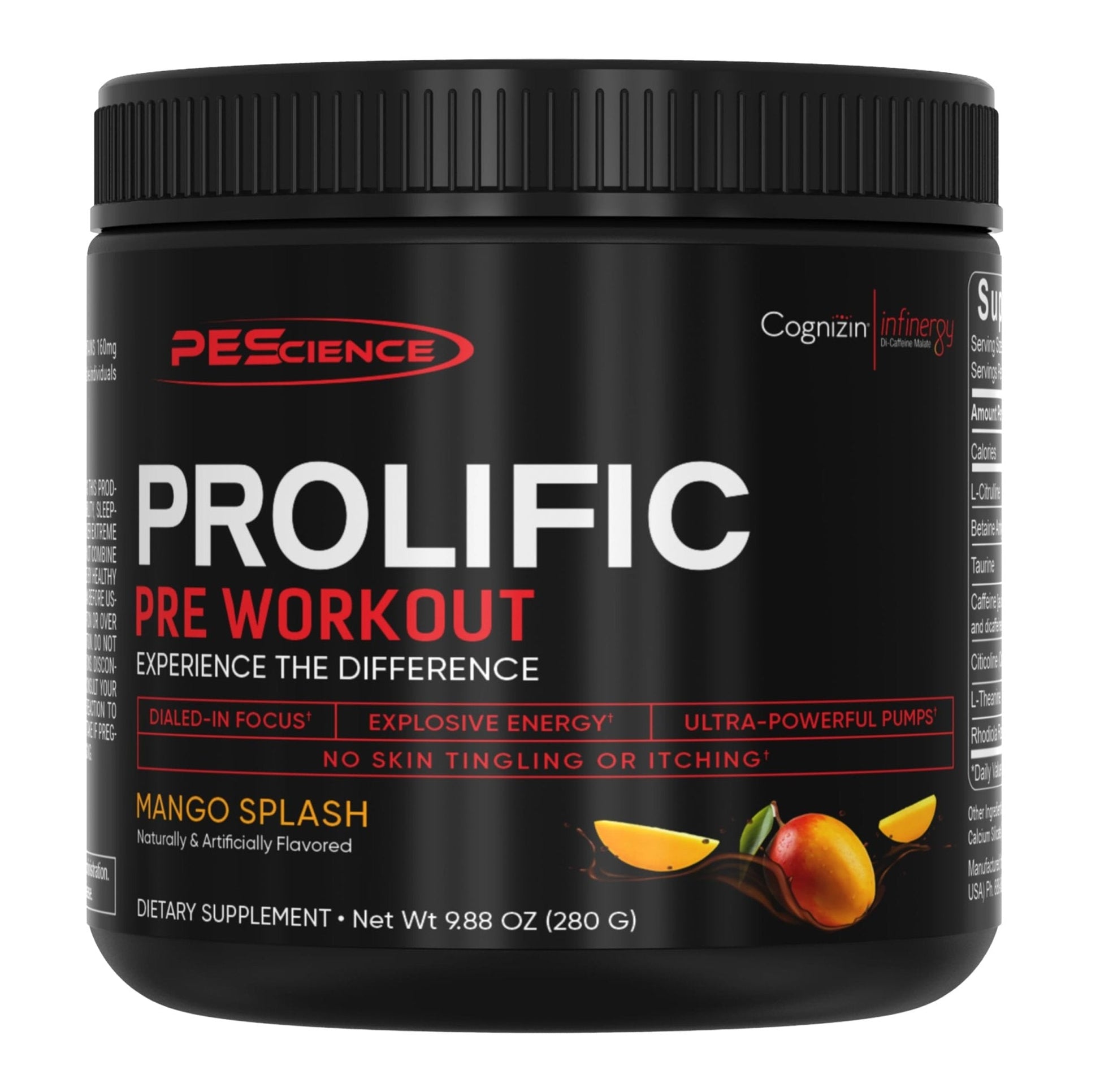 PEScience Prolific Pre Workout Powder for Men & Women with L-Citrulline Nitric Oxide Booster, Energy Powder & Nootropic for Focus – Preworkout Without Beta Alanine – 40 Scoops, Mango Splash - Maple Wellness Supplements
