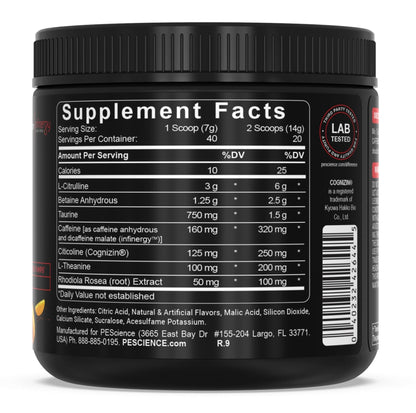 PEScience Prolific Pre Workout Powder for Men & Women with L-Citrulline Nitric Oxide Booster, Energy Powder & Nootropic for Focus – Preworkout Without Beta Alanine – 40 Scoops, Mango Splash - Maple Wellness Supplements