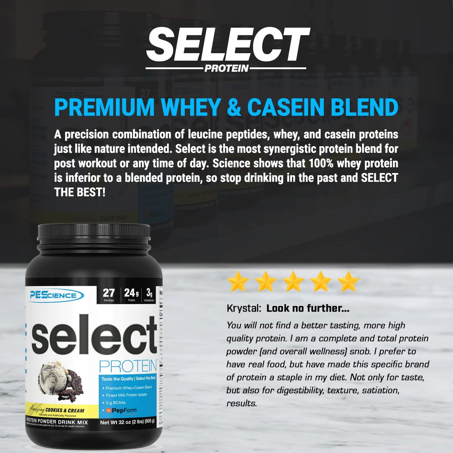 PEScience Select Protein, Cookies and Cream, 27 Serving, Premium Whey and Casein - Maple Wellness Supplements