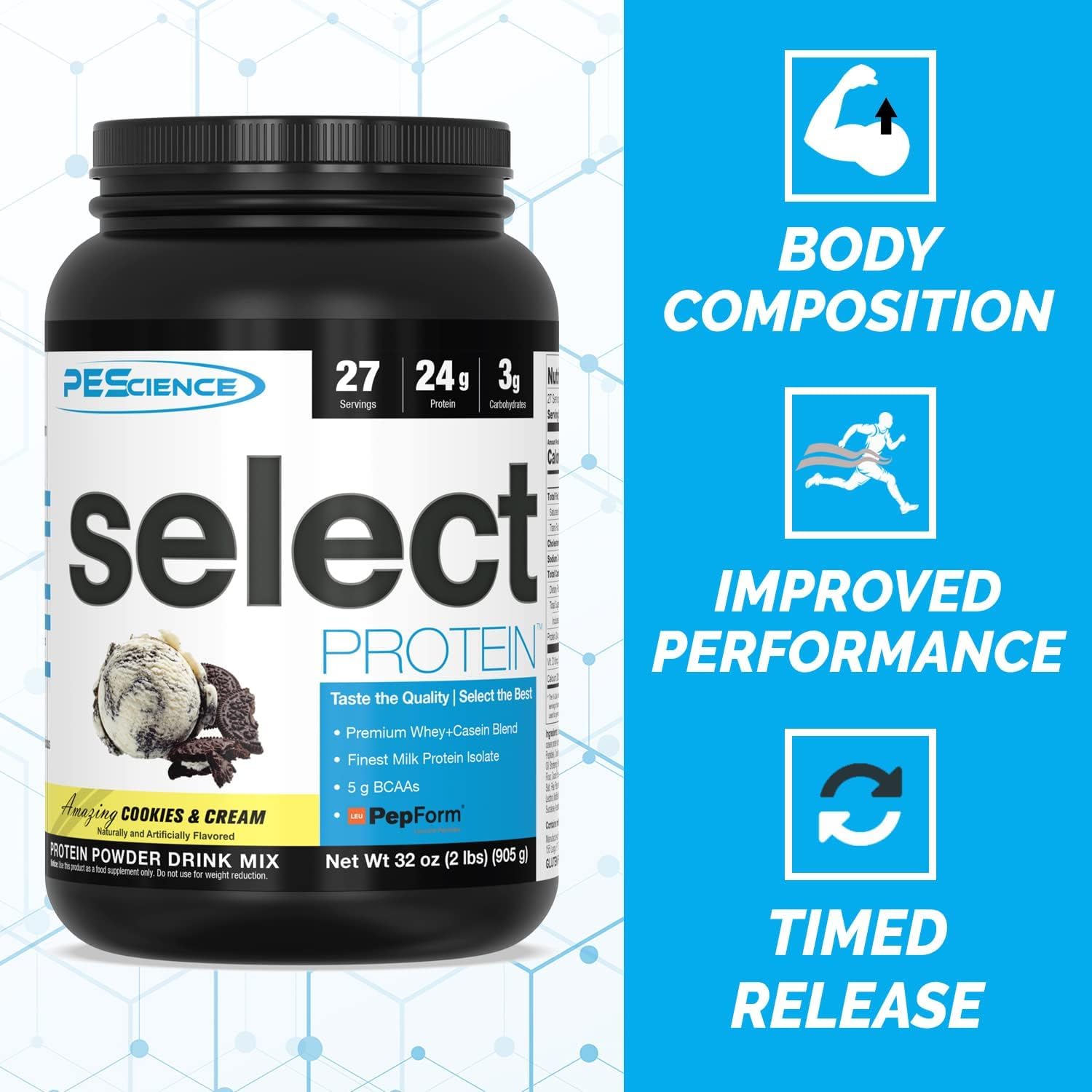 PEScience Select Protein, Cookies and Cream, 27 Serving, Premium Whey and Casein - Maple Wellness Supplements