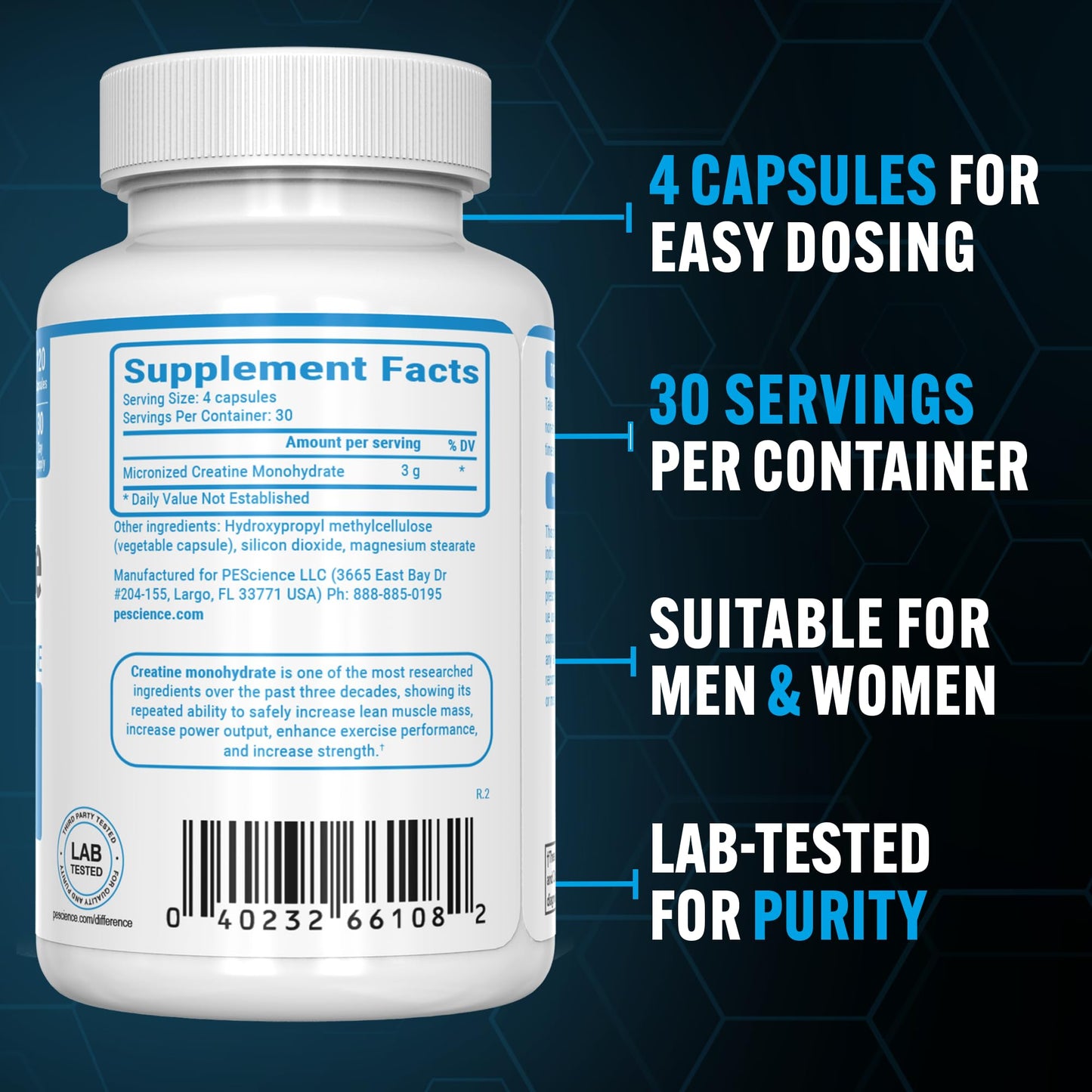 PEScience TruCreatine Creatine Pills, Easy-to-Take Creapure Creatine Capsules, Monohydrate, for Men & Women, Supports Muscle Growth, Strength & Recovery, Cognition, 3g Per Serving, 120 Capsules - Maple Wellness Supplements