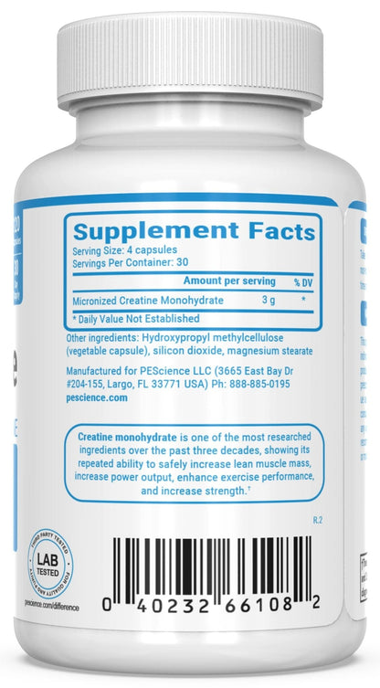 PEScience TruCreatine Creatine Pills, Easy-to-Take Creapure Creatine Capsules, Monohydrate, for Men & Women, Supports Muscle Growth, Strength & Recovery, Cognition, 3g Per Serving, 120 Capsules - Maple Wellness Supplements