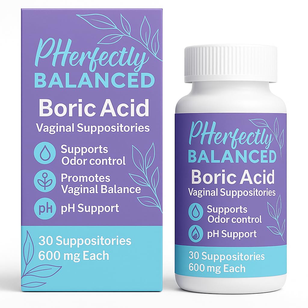 Pherfectly Balanced Boric Acid Vaginal Suppositories, 600mg, pH Support for Feminine Balance, Odor Control, 30 Count - Maple Wellness Supplements