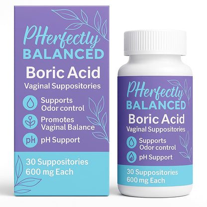 Pherfectly Balanced Boric Acid Vaginal Suppositories, 600mg, pH Support for Feminine Balance, Odor Control, 30 Count - Maple Wellness Supplements