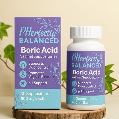 Pherfectly Balanced Boric Acid Vaginal Suppositories, 600mg, pH Support for Feminine Balance, Odor Control, 30 Count - Maple Wellness Supplements
