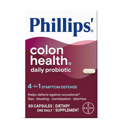Phillips' Colon Health Daily Probiotic Capsules, 4-in-1 Symptom Defense to help defend against Occasional Gas, Bloating, Constipation, and Diarrhea, Daily Supplement, 60 Count - Maple Wellness Supplements