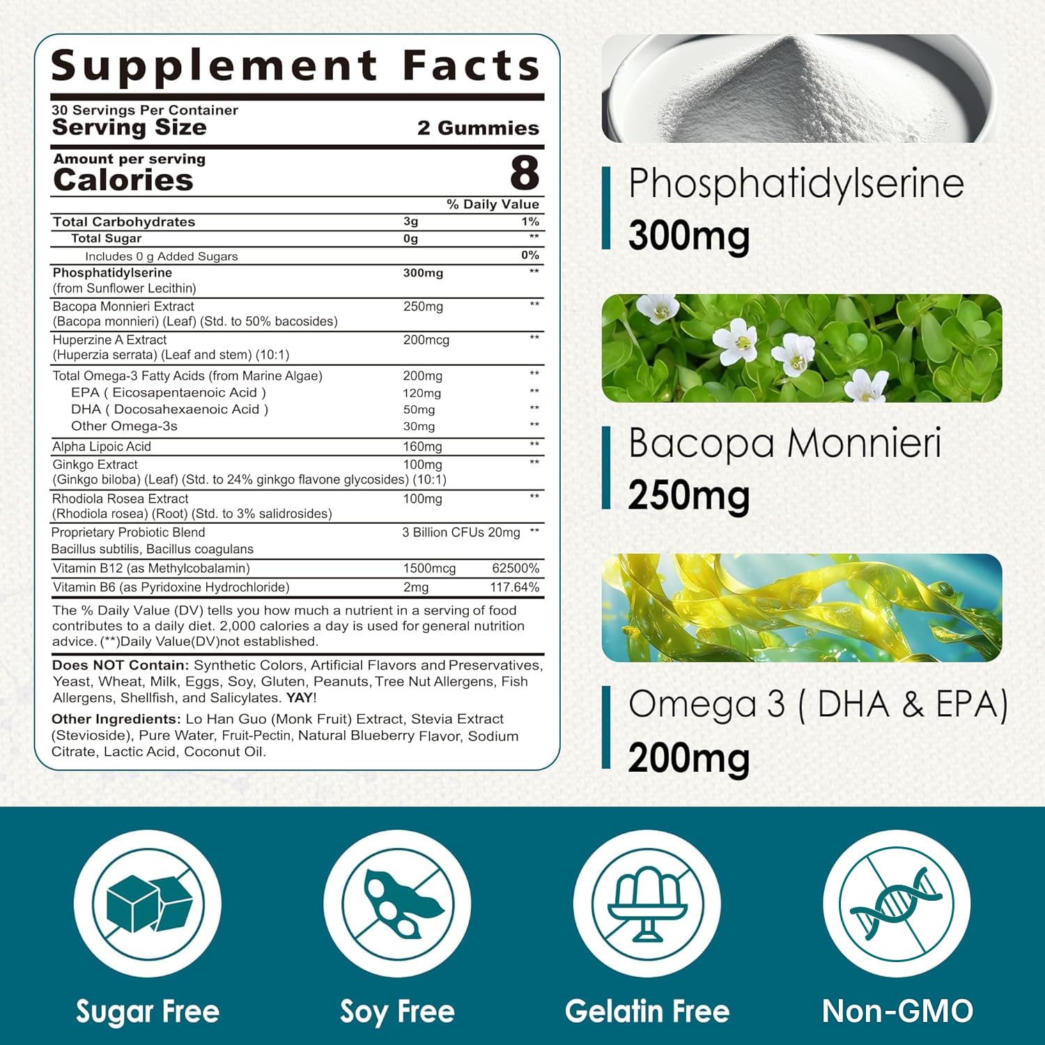 Phosphatidylserine - Nootropic Brian Supplement, Focus & Energy Gummies+ Bacopa Monnieri, Omega 3, Huperzine A, Methyl B12 & B6 for Seniors, Gamers, Workers, Non-GMO, Caffeine-Free, Sugar Free, 2 Pack - Maple Wellness Supplements