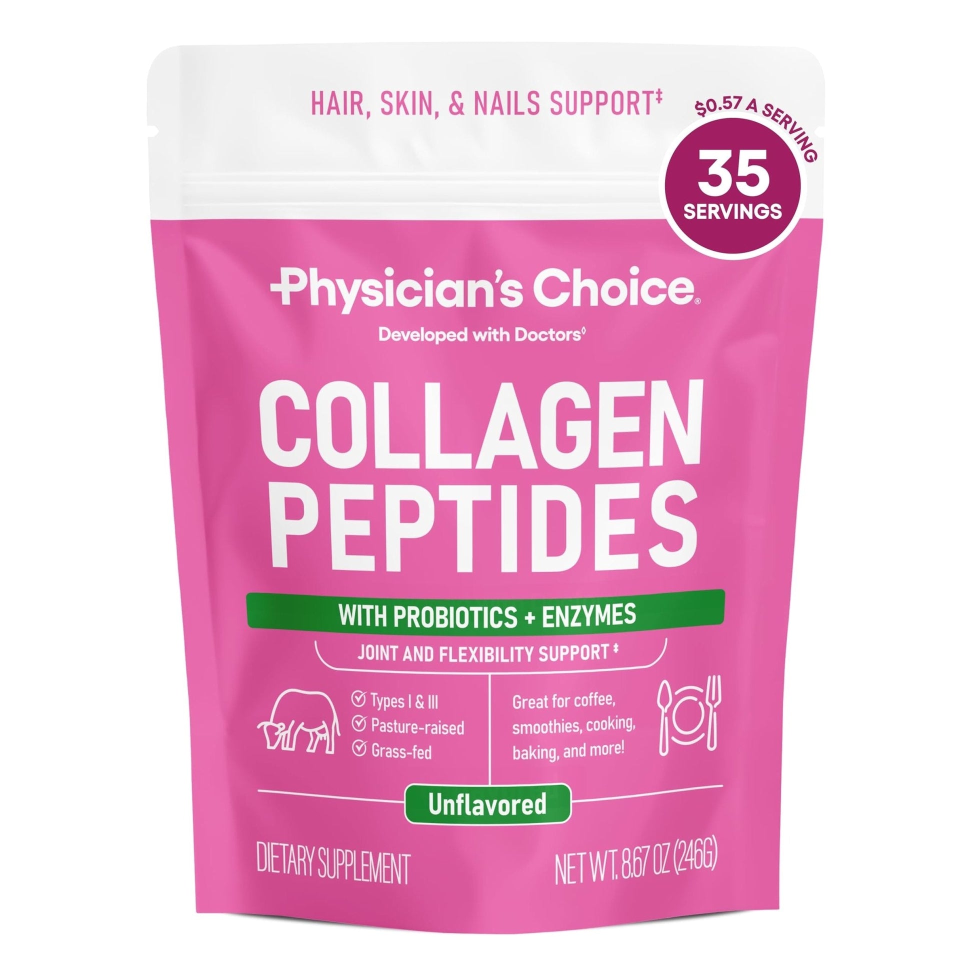 Physician's CHOICE Collagen Peptides - Hydrolyzed Protein Powder for Hair, Skin, Joints - Grass Fed, Non-GMO - Maple Wellness Supplements