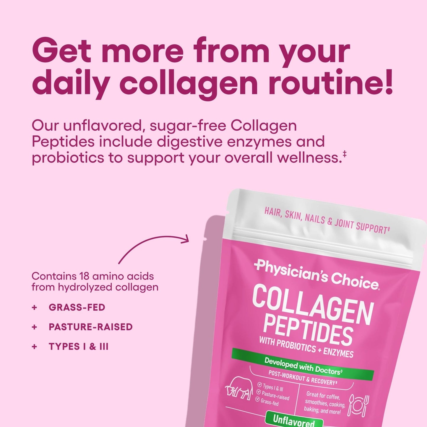Physician's CHOICE Collagen Peptides - Hydrolyzed Protein Powder for Hair, Skin, Joints - Grass Fed, Non-GMO - Maple Wellness Supplements
