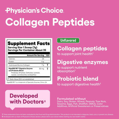 Physician's CHOICE Collagen Peptides - Hydrolyzed Protein Powder for Hair, Skin, Joints - Grass Fed, Non-GMO - Maple Wellness Supplements