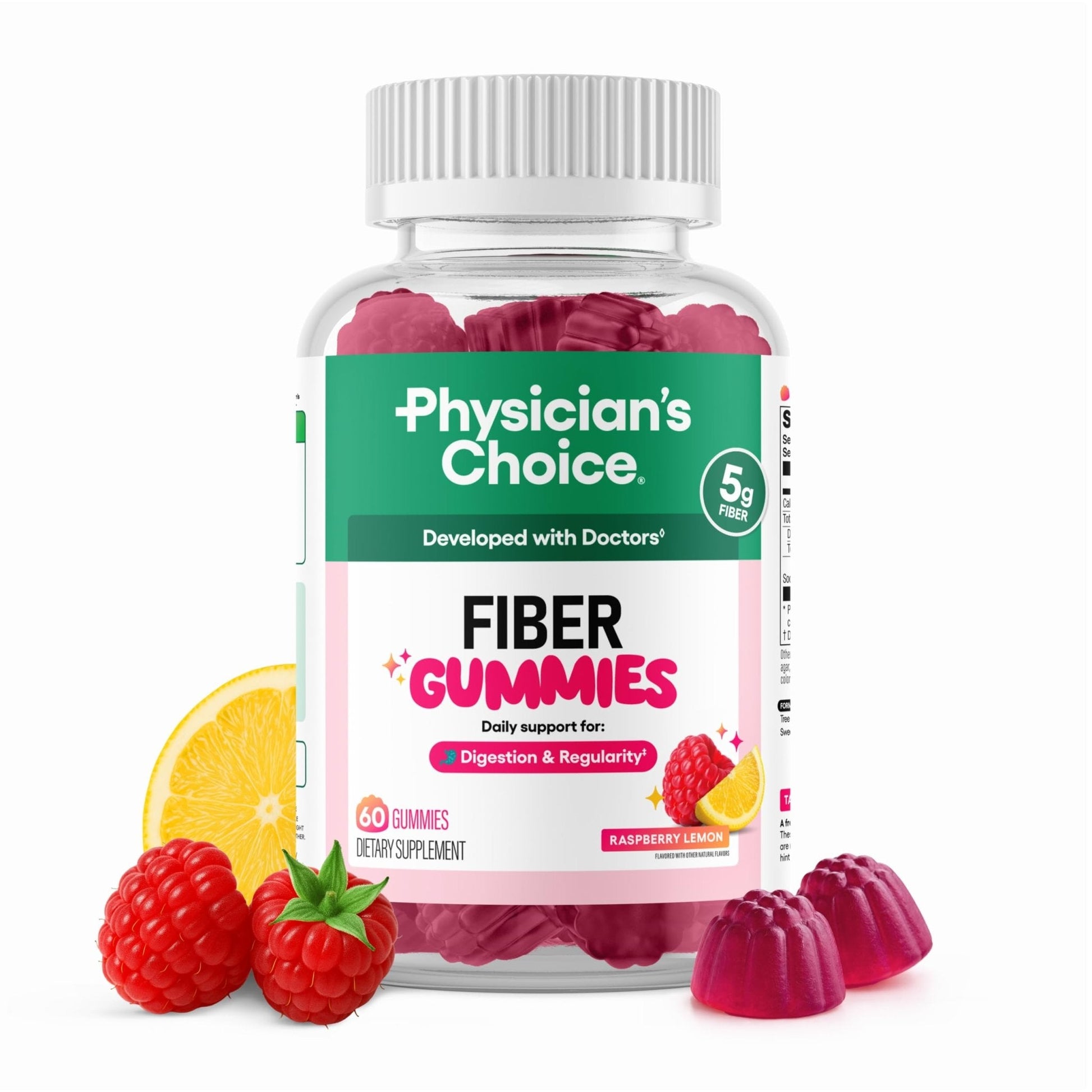 Physician’s Choice Fiber Gummies for Digestive Health & Regularity - Raspberry Lemon Flavor - No Sugar Added & Vegan - Natural Chicory Root Prebiotic Fiber - Maple Wellness Supplements